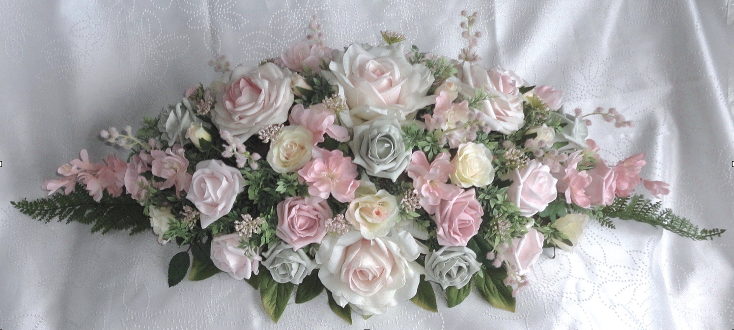 Pink & Silver Grey wedding Flowers, PInk & Silver grey top table centrepiece
